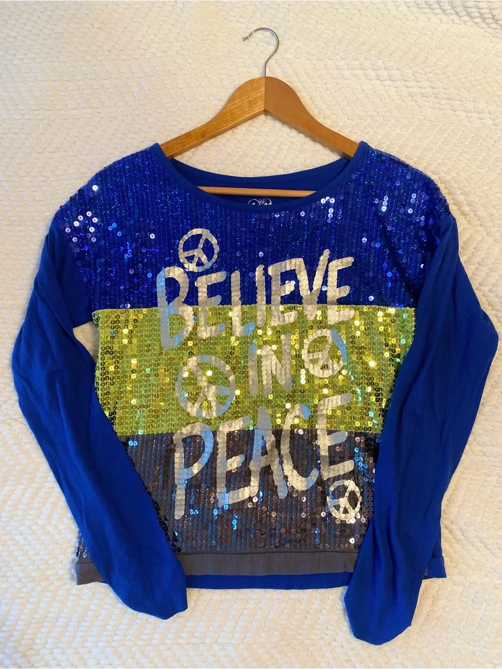 Justice Girls Size 16 Blue Sequin Believe Peace Long Sleeve Top